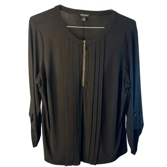 Roz & Ali Gold Zip Pleated Front Long Sleeve Black‎ Blouse Size 1X - Picture 1 of 10